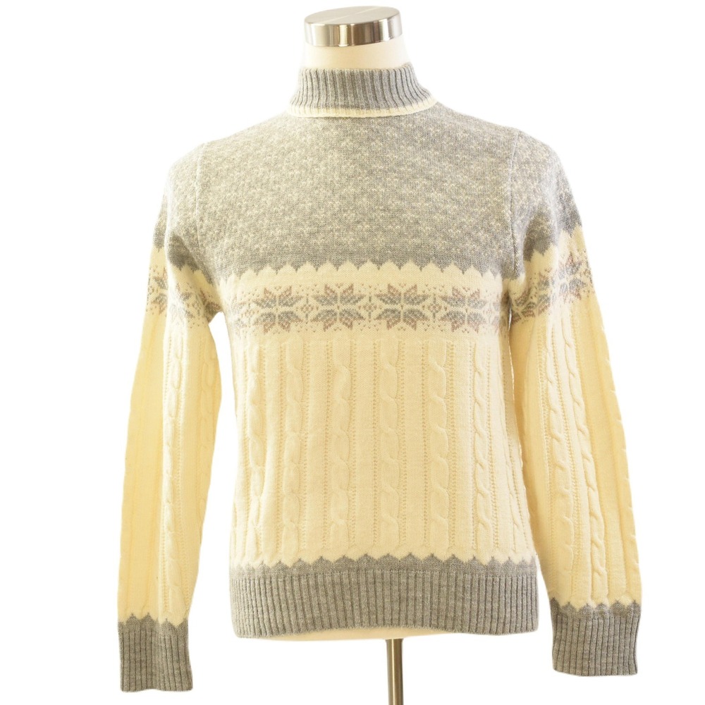 70s Vintage Mens S Gray Cream Nordic Cable Knit Ski Sweater Jantzen Mock Neck
